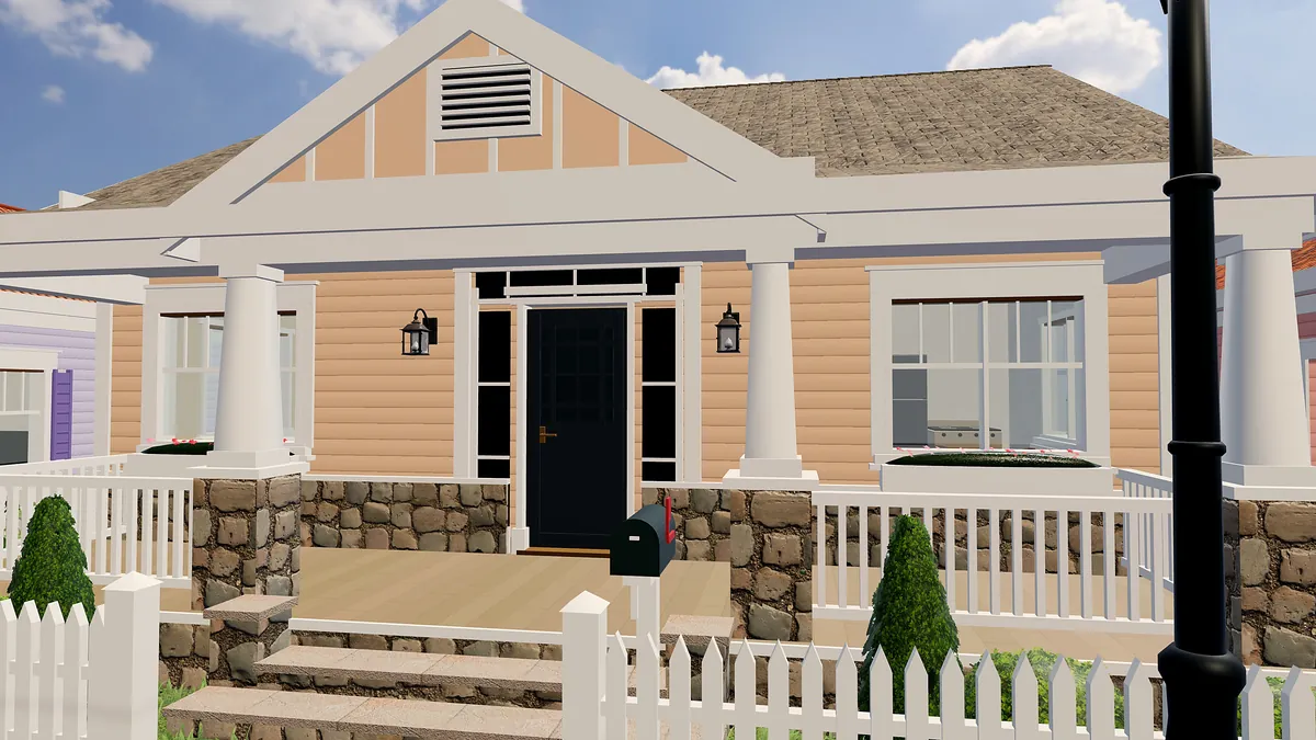 A craftsman-style beach house with a white picket fence in Palm Social