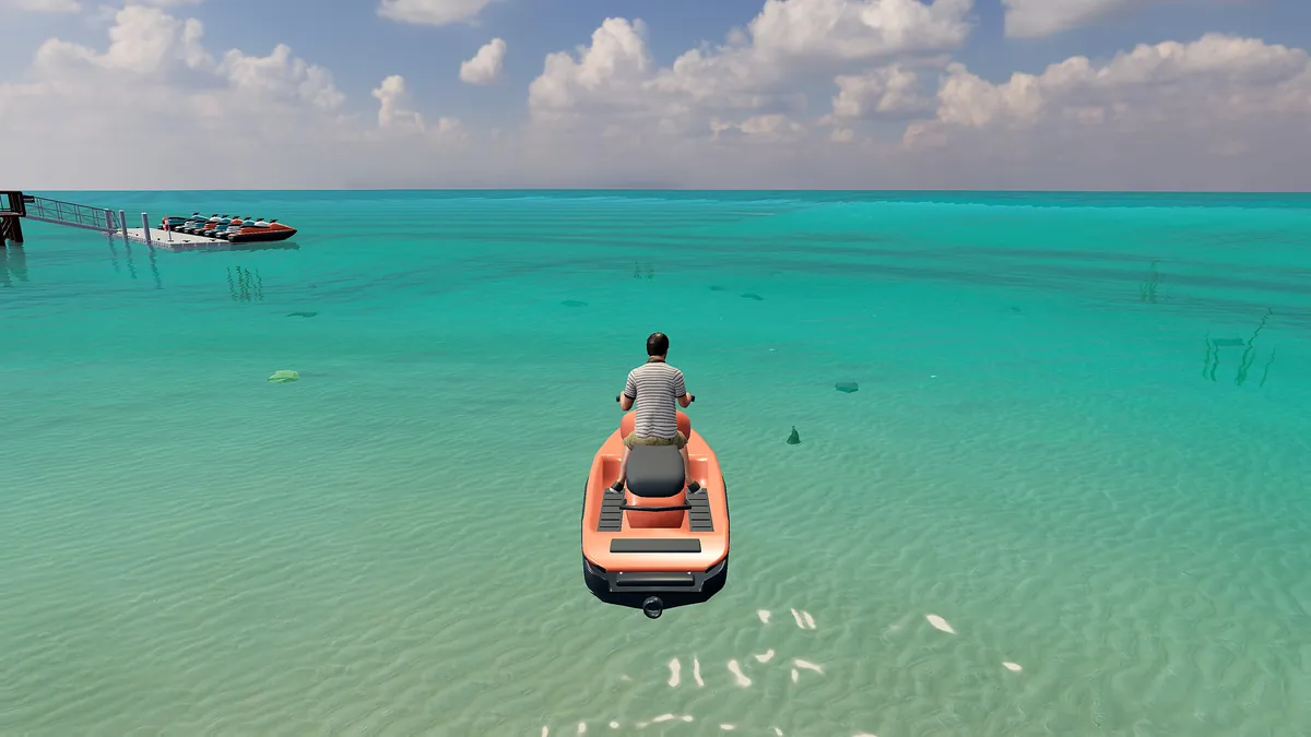 A player riding a jet ski over clear turquoise water in Palm Social