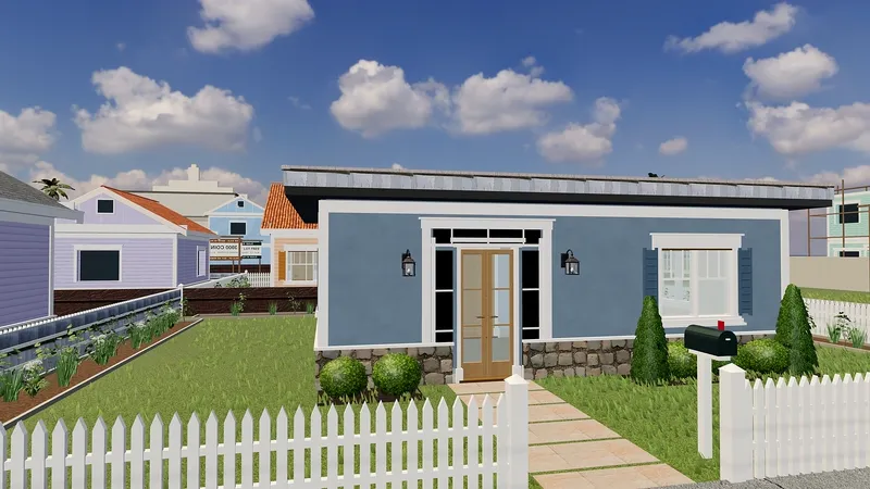 A blue beach house with a white picket fence