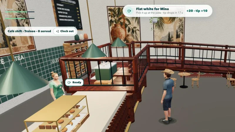 Inside the courtyard café: Jules at the counter, a cup ready at the pass and the delivery order at the top of the screen