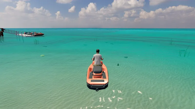 A player riding a jet ski over clear blue water