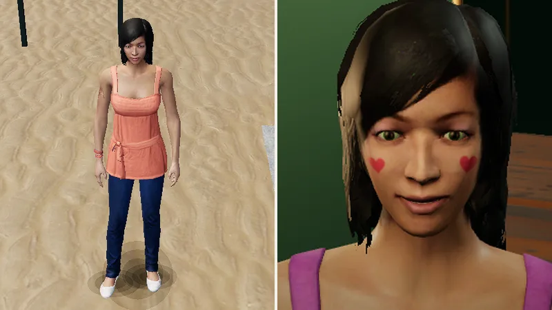 An avatar in a coral top, navy jeans and white shoes on the beach, and a close-up of red cheek-heart face paint