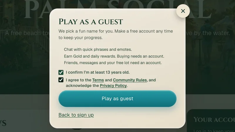 The Play as a guest window on the Palm Social home page, with the guest rules, both boxes ticked and the Play as guest button